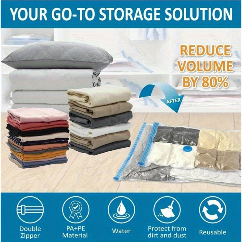 2/3/7 Pcs Vacuum Storage Bags for Clothes/Duvets, Heavy Duty with Hand Pump, Space Saver, Airtight, Reusable, Travel, Packing Cu