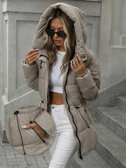 Winter Warm Hooded Coat Women's Mid-Length Waist Drawstring Jacket Windproof Thermal Outerwear