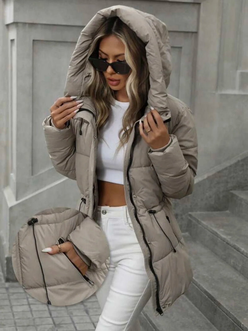 Winter Warm Hooded Coat Women's Mid-Length Waist Drawstring Jacket Windproof Thermal Outerwear