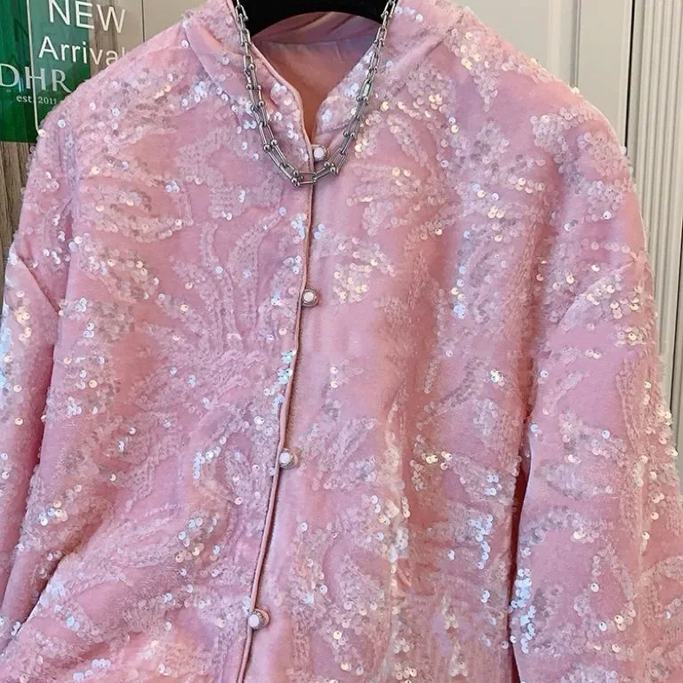 Chinese Vintage Sequin Velvet Jacket Autumn Winter New Elegant Embroidery Women's Stand Collar Single Breasted Outerwear