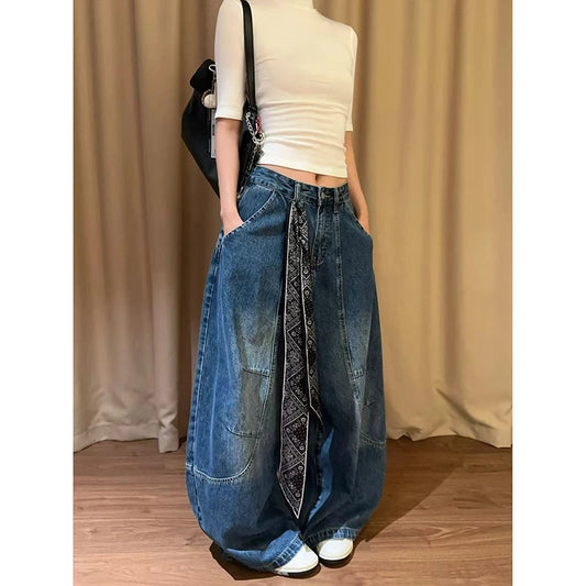 2025 Autumn Women Vintage Y2K 2000s High Waist Jeans Korean Oversize Fashion Loose Casual Blue Wide Leg Pants Lady Streetwears