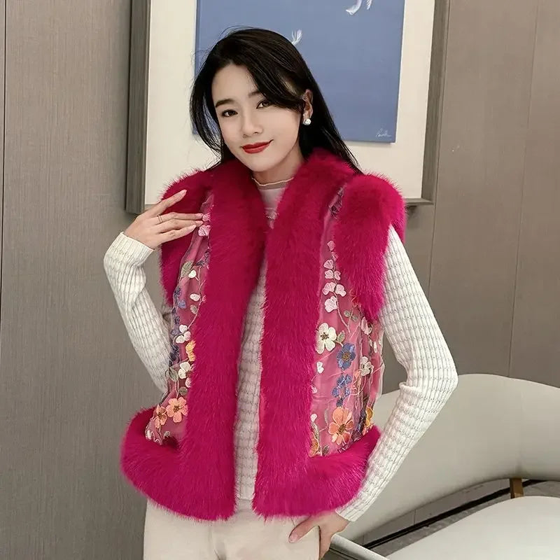 Woman vest autumn winter slimming Waistcoat Hairy Edge vest Floral embroidered shoulders Thickened vest Parkas Cardigan Tops
