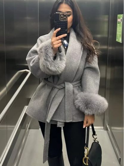 Elegant Lace Up Woolen Short Coat Solid Loose Lapel Furry Belt Long Sleeve Female Jacket 2026 Spring Autumn Lady Chic Cardigan