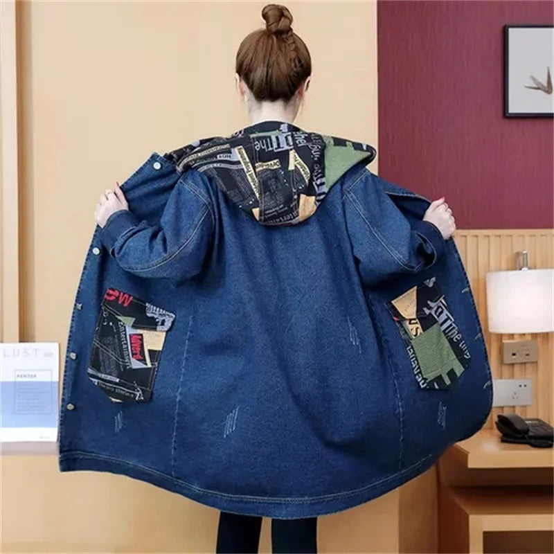 2025 Spring Autumn Denim Jacket Women Hooded Windbreaker Cartoon Printed Coat Long Outerwear Female Oversize 5XL Loose Overcoat