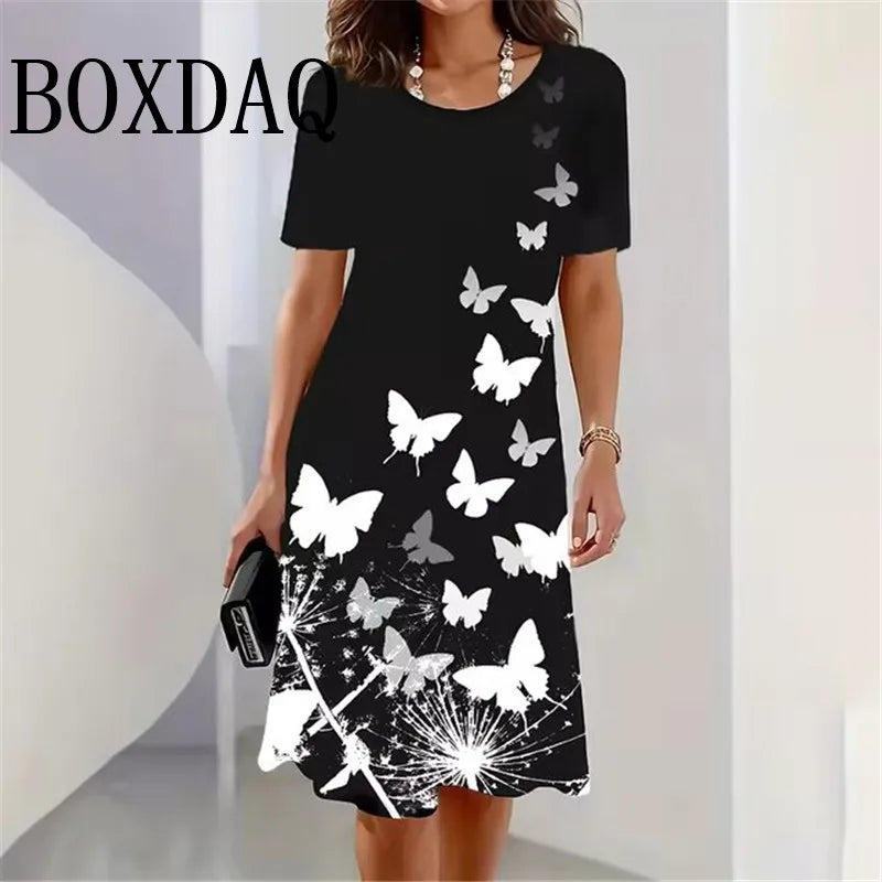 3D Butterfly Print Dress For Summer Women Party O-Neck Short Sleeve Dress Sundress Casual Elegant Ladies Loose Mini Dresses 2025