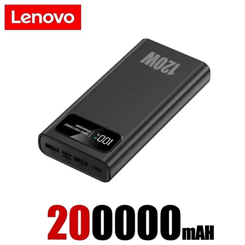 Lenovo 200000mAh Power Bank 120W Fast Charging Super Large Capacity Outdoor Powerbank For Mutly Device With LED Digital Display