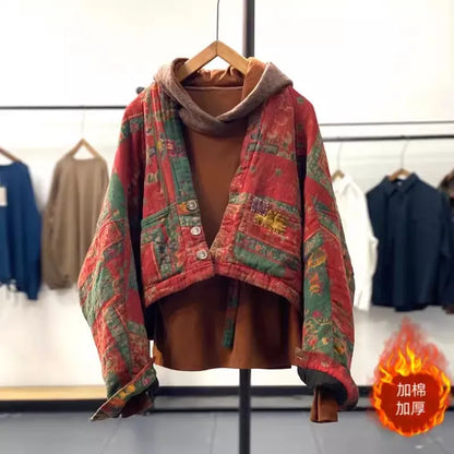 2026 Spring & Autumn Fashion Ethnic Retro Printed Cotton Jacket Women's Loose Bat Sleeves Quilted Short Coat V-Neck Top K2312