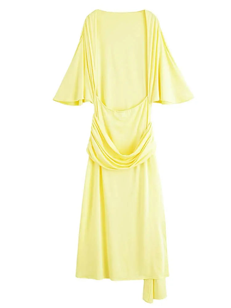 Sexy Backless Party Long Dress Women O-neck Slim Pleated Ribbon Women's Dresses 2026 Spring Summer Lady Yellow Evening Gown