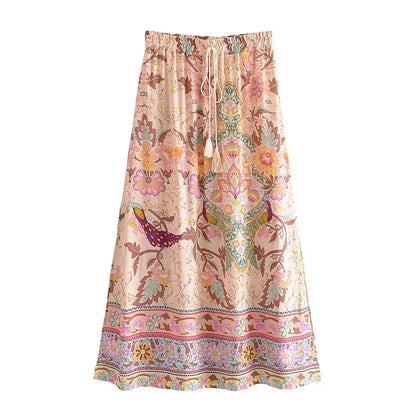 Boho Queens Peacock Women Vintage Floral Printed Tassel Beach Bohemian Maxi Skirts Ladies Elastic Waist Rayon Long Skirt
