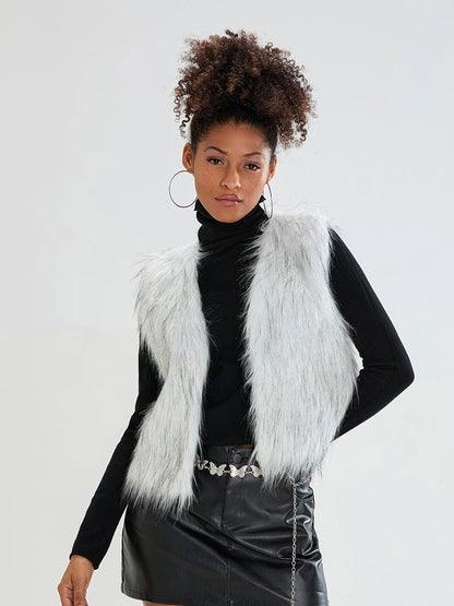 Women Faux Fur Vest Coat Sleeveless Open Front Gilet Outerwear for Fall Winter Casual Street