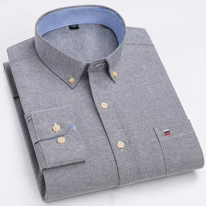 Men's Long Sleeve Oxford Dress Shirt 100% Cotton Plaid Checkered Chest Pocket Button Down Collar Casual Shirts