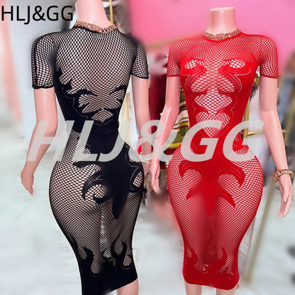 HLJ&GG Sexy Hollow Out Mesh See Though Bodycon Long Dress Women Round Neck Short Sleeve Slim Vestidos Fashion Y2K Clubwear 2025