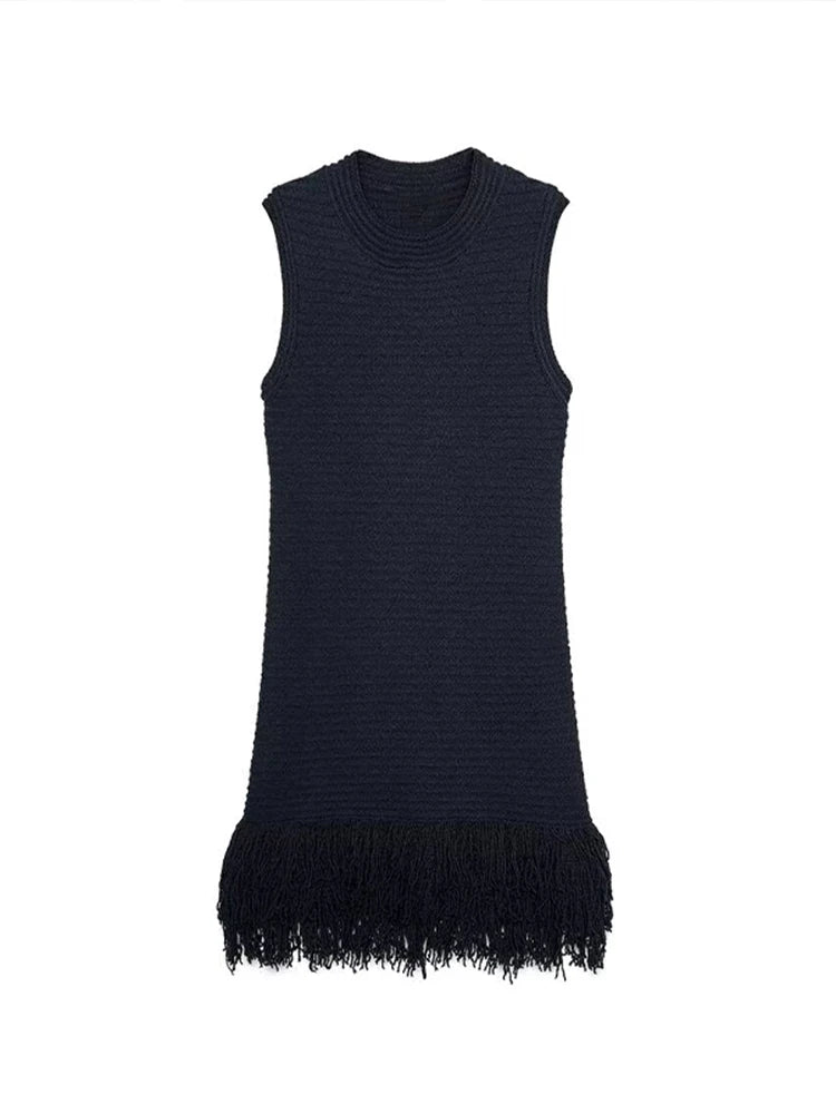 Elegant Women's Black Sleeveless Ribbed Knit Mini Dress Summer New Fringe Hem Bodycon Fit Dresses Casual Party Night Outfit