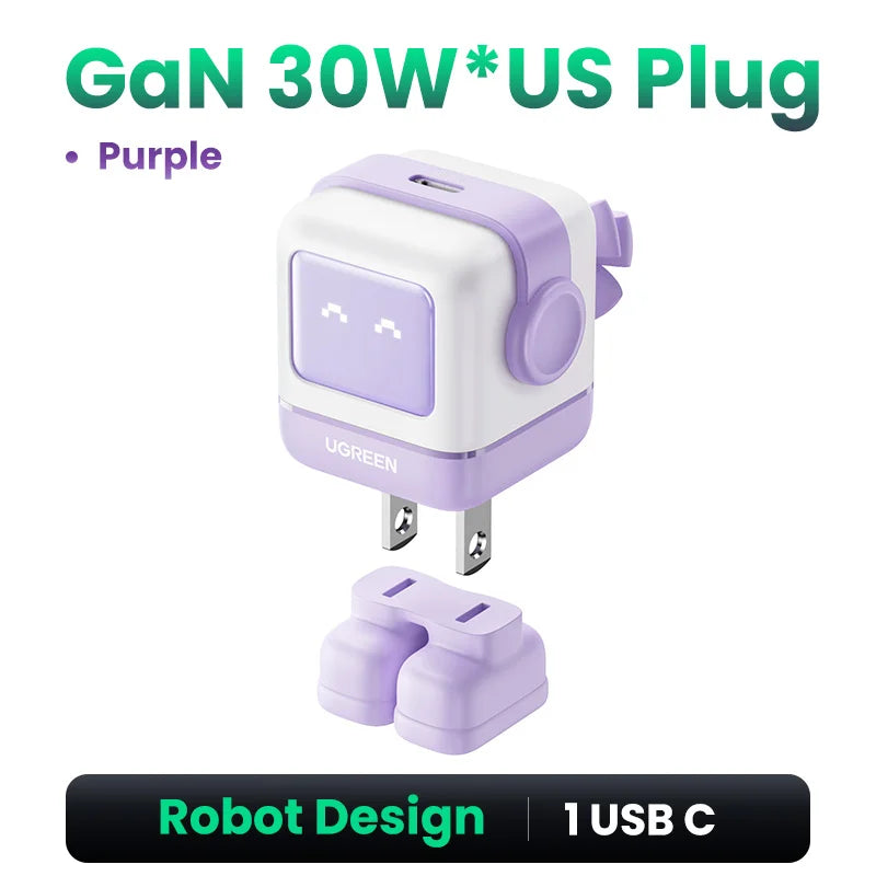 【US-Stecker】UGREEN 65W 30W GaN-Ladegerät im Roboter-Design mit PD3.0-Schnellladefunktion, QC4.0, 3.0 und PPS für iPhone 17, 16, 15 Pro, MacBook, Laptop und Tablet