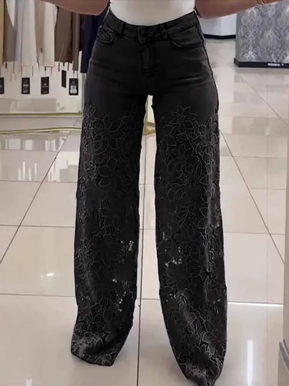 Careaymade-Lace Spliced Elegant Hollow Out Jeans Women New Temperament High Waist Straight Loose Denim Trousers Y2k Streetwear
