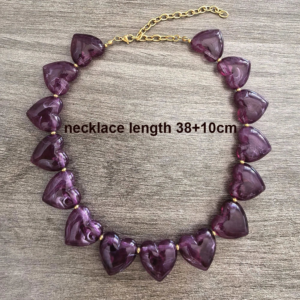 Big Love Heart Necklace Women Choker Statement Bracelet Gold Color Acrylic Beads Stainless Steel PVD Waterproof White Beige Red