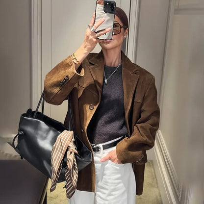 Talenza Vintage Women's Suede Leather Jacket Single Breasted Lapel Brown Blazer Loose Coats 2025 Autumn Office Lady Outerwears