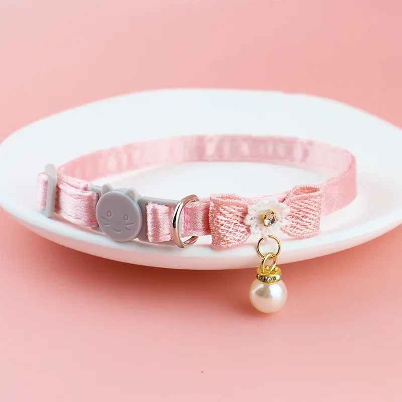 Pet Collar Pink Lace Bow Hanging Bead Cat Collar with Bell Pet Dog Kitten  Accessories Fof Small Dogs Pet Products