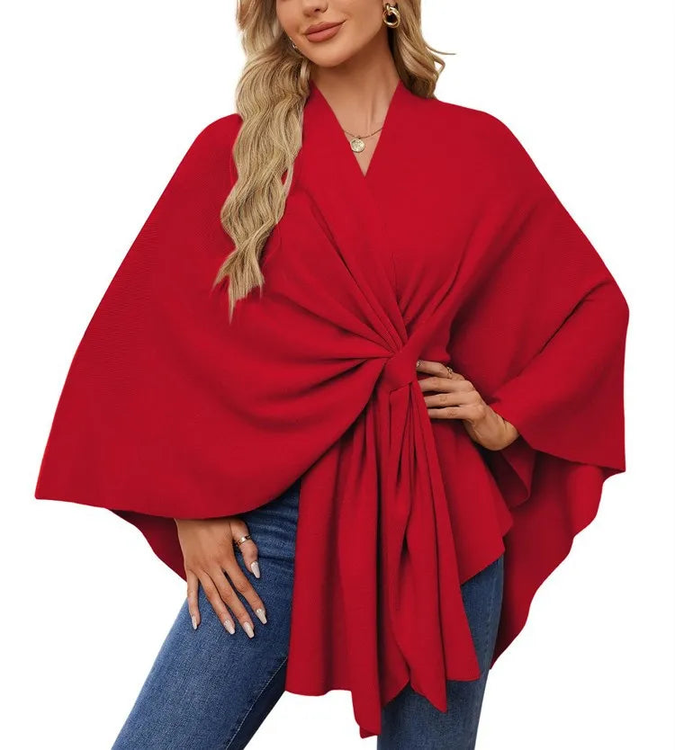 Women's Trendy Autumn And Winter Loose V-Neck Shawl Cape Elegant Shawl Wraps Casual Solid Color Soft Open Front Poncho bat shirt