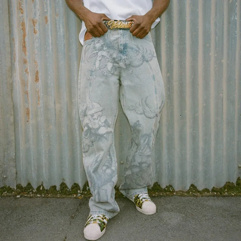 New retro cupid angel pattern women loose pants y2k hip hop streetwear fashion unisex straight jeans for men and women