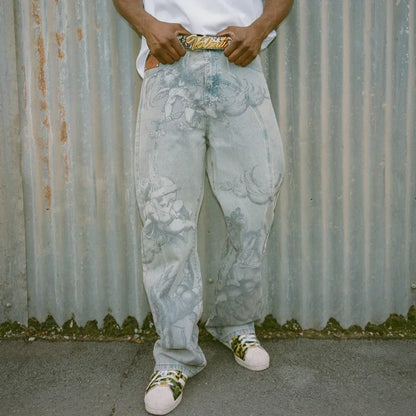 New retro cupid angel pattern women loose pants y2k hip hop streetwear fashion unisex straight jeans for men and women