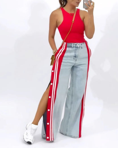 Side Striped Patch Button Design Jeans Straight Leg Wide Leg Pants for Women Spring and Summer Thin Denim Pants