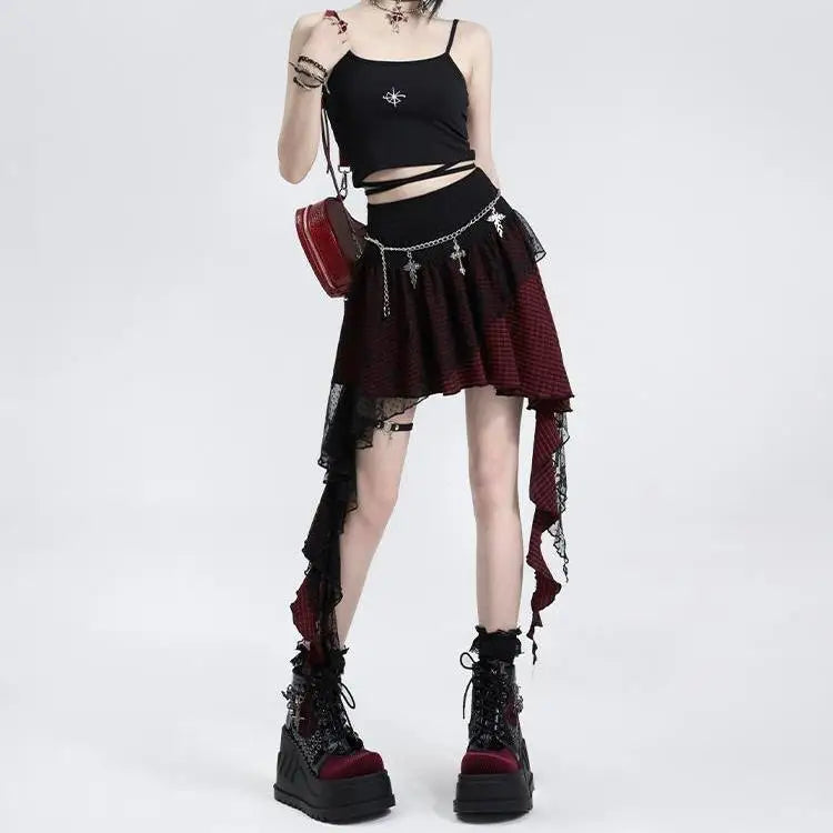 Japanese Harajuku Lace Plaid Irregular High Waist Women Skirt Autumn New Gothic Mini A-line Skirt Fashion High Street Y2k Skirt