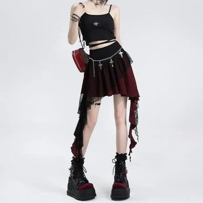 Japanese Harajuku Lace Plaid Irregular High Waist Women Skirt Autumn New Gothic Mini A-line Skirt Fashion High Street Y2k Skirt