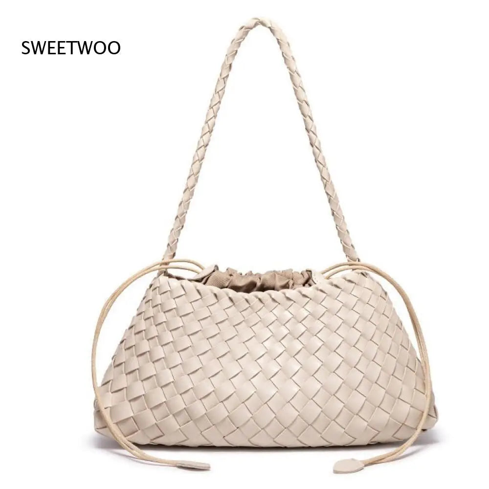 Women's Woven Shoulder Bag Soft Leather Tote Bag with Drawstring Inner Bag 2-In-1 Bucket Bag for Daily Commute Handbag