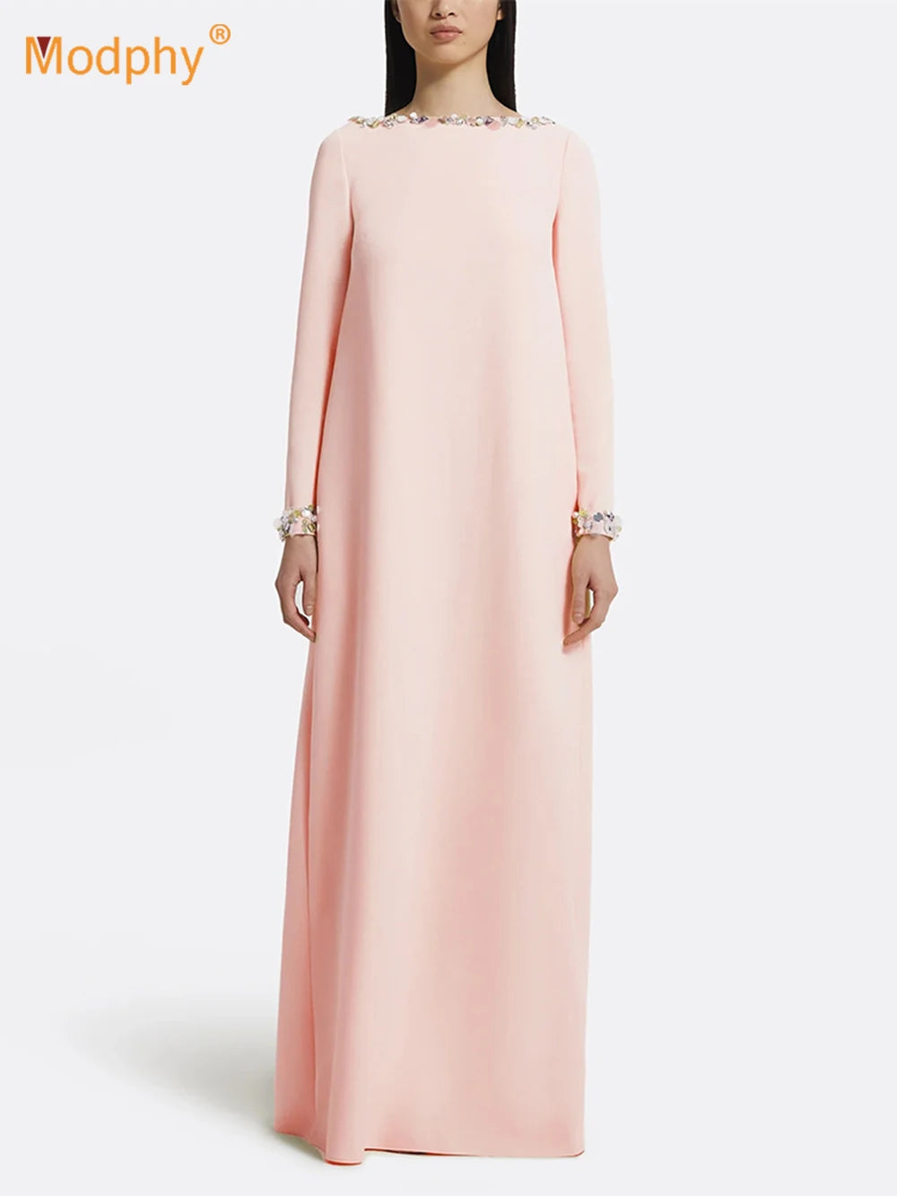 Modphy Loose Solid Crystal Bead Elegant Chic Dresses For Women Round Neck Long Sleeve Solid Long Maxi Dress Female
