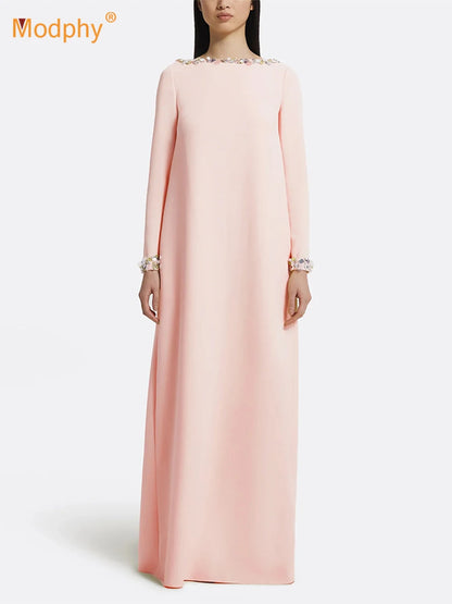 Modphy Loose Solid Crystal Bead Elegant Chic Dresses For Women Round Neck Long Sleeve Solid Long Maxi Dress Female