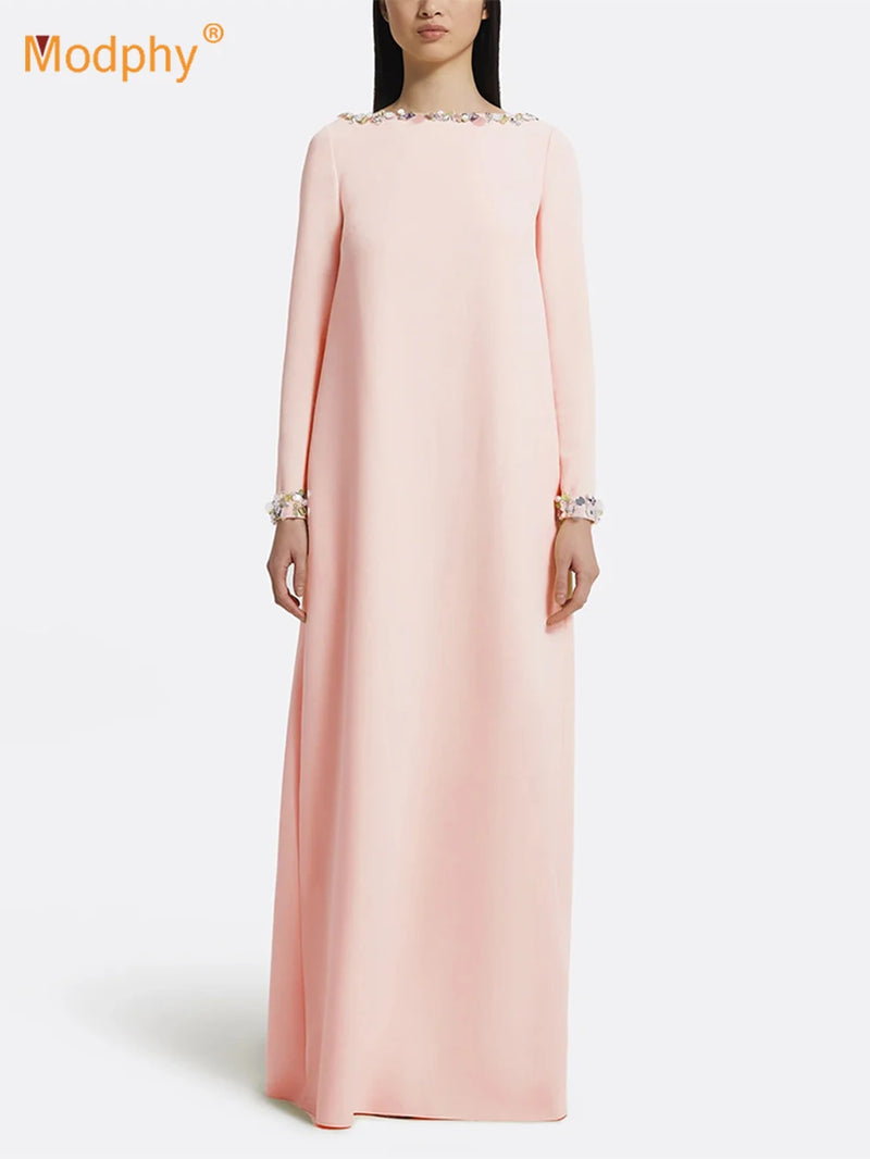 Modphy Loose Solid Crystal Bead Elegant Chic Dresses For Women Round Neck Long Sleeve Solid Long Maxi Dress Female