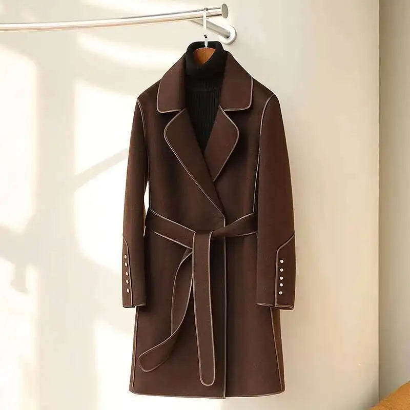 LANMREM 2023 Winter New Wool Coats For Women Lapel Long Sleeves Belt Coats Office Lady Fashion Streetwear Clothing 2DA2615