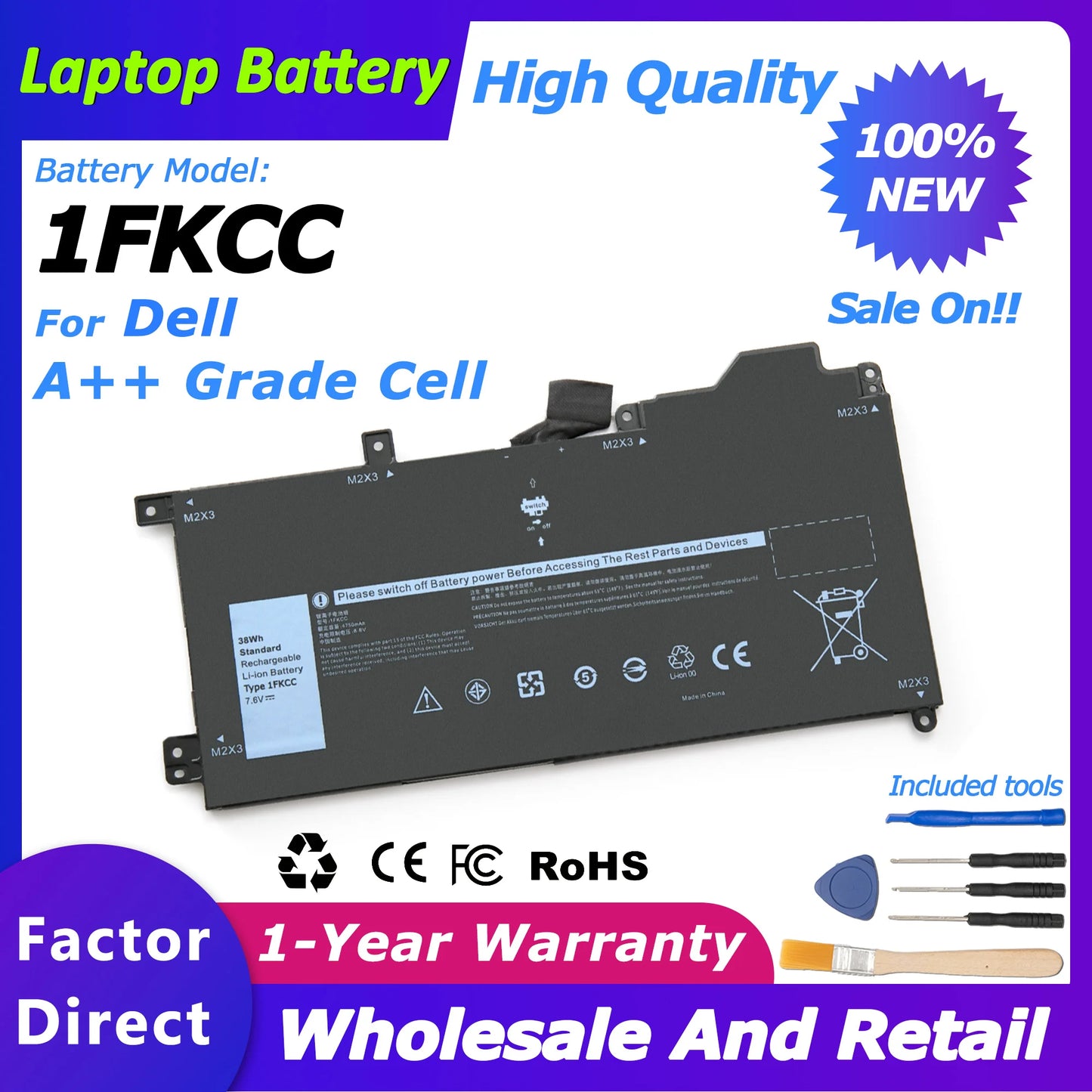 1FKCC Laptop Battery for Dell Latitude 7200/7210 2-in-1 Series Notebook 09NTKM/9NTKM Series 0D9J00/0KWWW4 4750mah/38wh