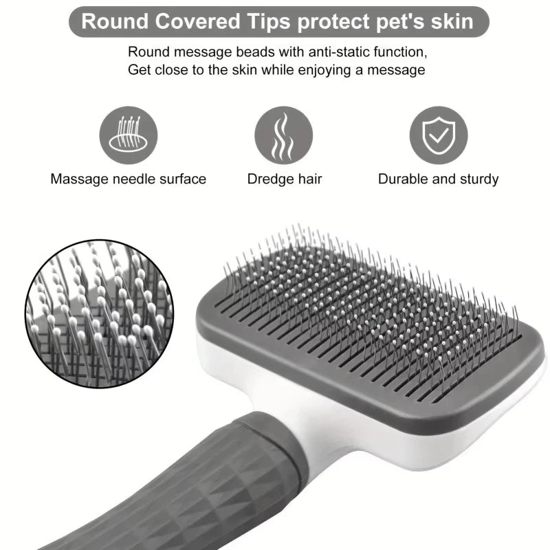 Pet Grooming Brush with One-Click Hair Removal, Bent Needle Massaging Comb for Dogs & Cats