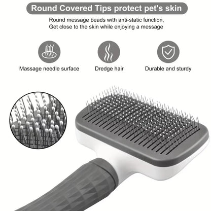 Pet Grooming Brush with One-Click Hair Removal, Bent Needle Massaging Comb for Dogs & Cats