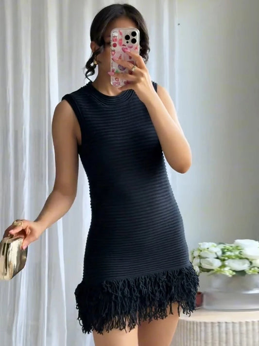 Elegant Women's Black Sleeveless Ribbed Knit Mini Dress Summer New Fringe Hem Bodycon Fit Dresses Casual Party Night Outfit