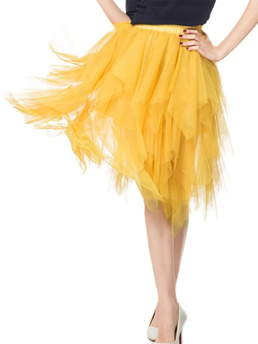 Women's Irregular Tulle Skirts Casual High Waist Solid Color Mesh Skirts Layered Skirts