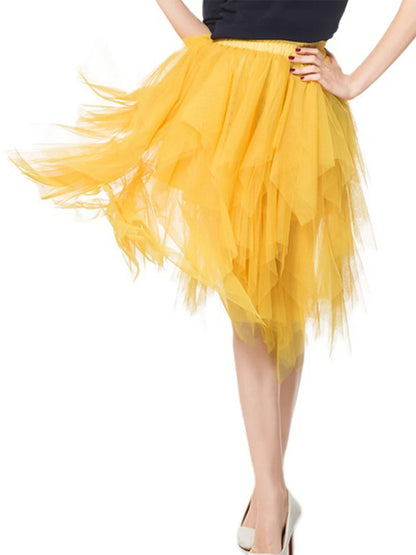 Women's Irregular Tulle Skirts Casual High Waist Solid Color Mesh Skirts Layered Skirts