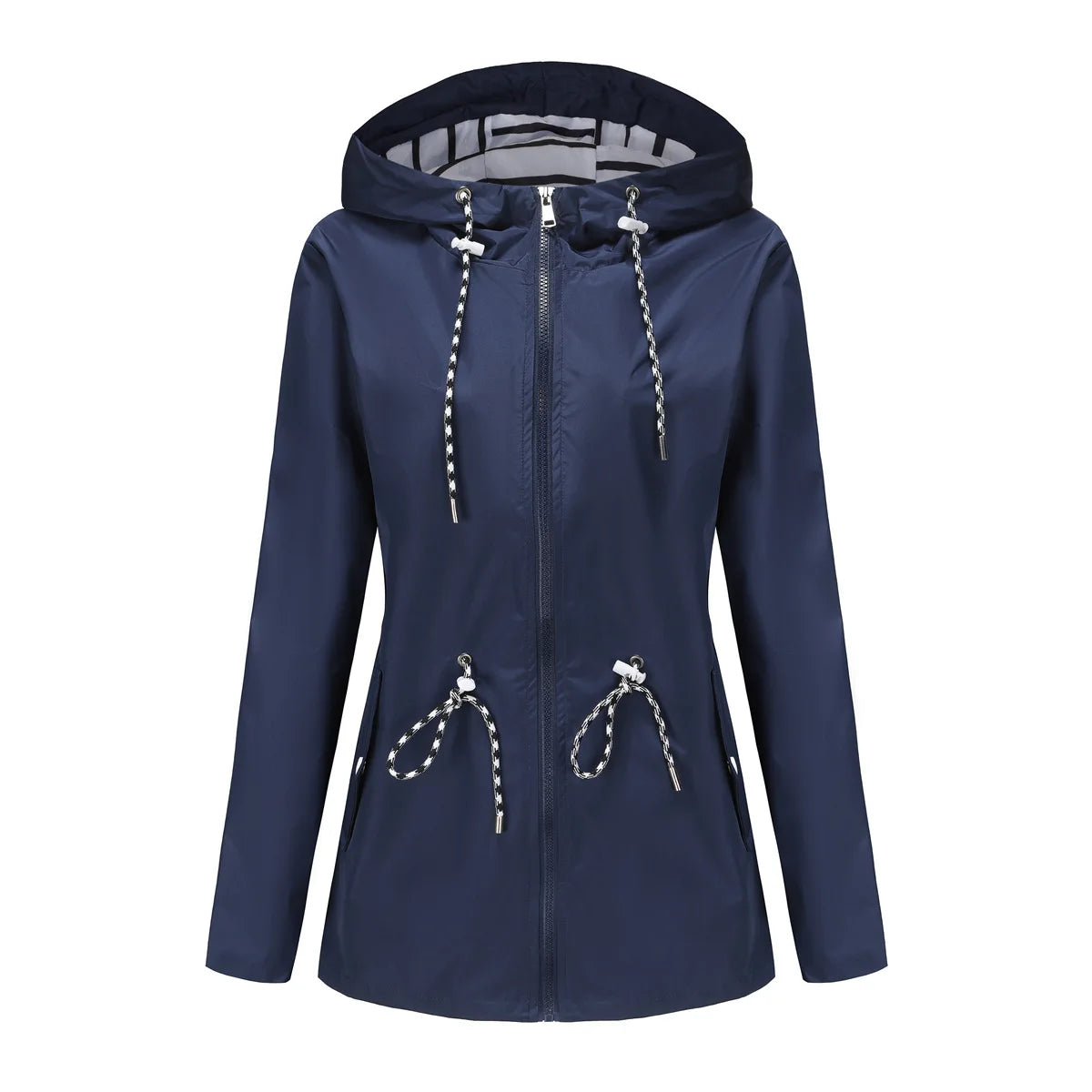Women Outdoor Windbreaker Casual Loose Hooded Waterproof Raincoat Long Sleeve Solid Color Mid-length Zipper Hiking Jackets