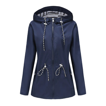 Women Outdoor Windbreaker Casual Loose Hooded Waterproof Raincoat Long Sleeve Solid Color Mid-length Zipper Hiking Jackets