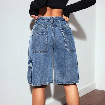 Shorts Women Knee Length Cargo Jeans Multiple Pockets High Waist Washed Distressed Streetwear 2025 Summer Denims Short Pants