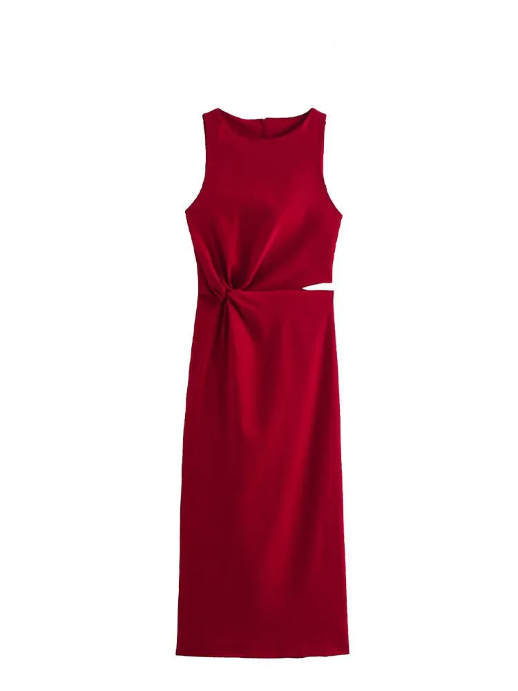 HH Women Summer Crop Waist Opening Folds Design Midi Dress Female Fashion O-Neck Back Zipper Sleeveless 3 Color Slim Dresses