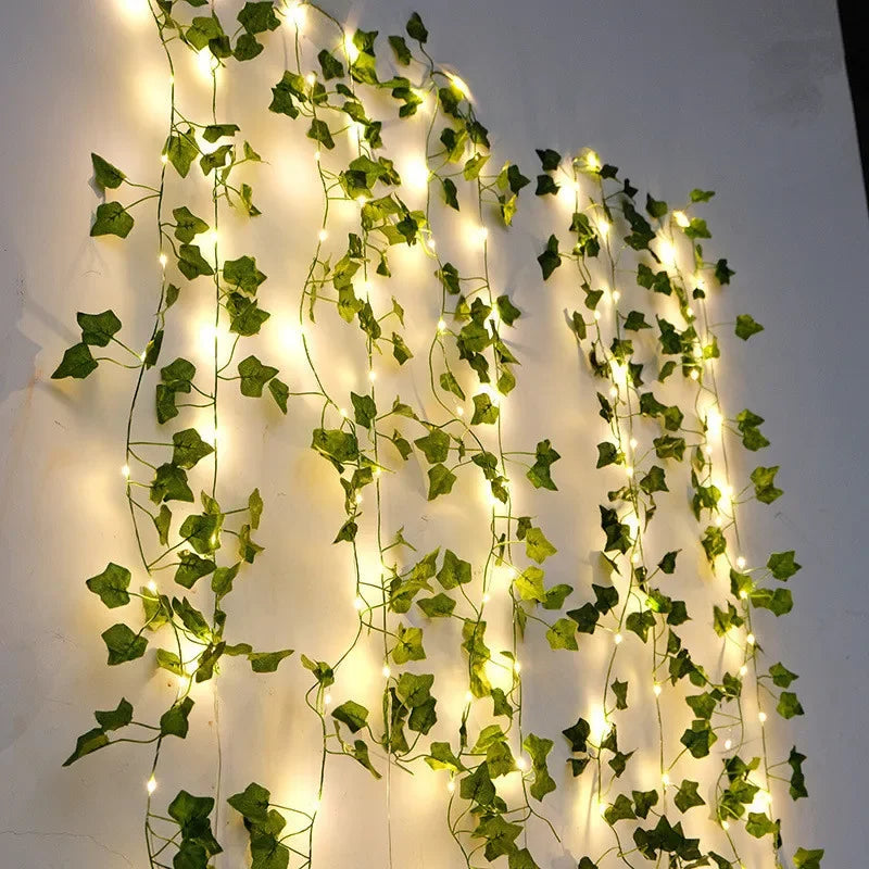 Lichterkette mit grünen Blättern, künstliche Rankenlichter, batteriebetrieben, Weihnachtsbaumgirlande für Hochzeiten und Heimdekoration