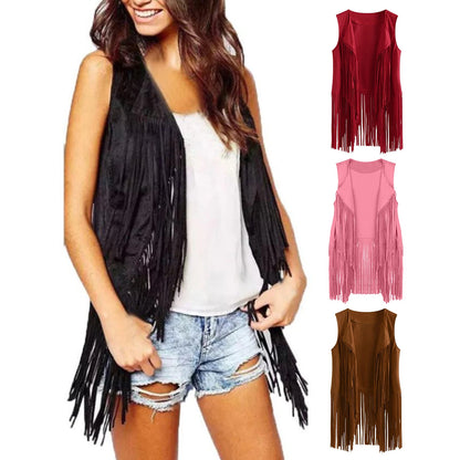 Fringe Vest Women Leather Suede Vest Tassels Vintage Western Country Cowgirl Vest Cardigan Waistcoat Jacket