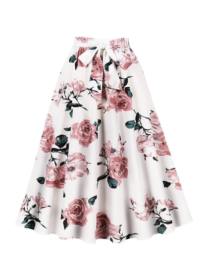Elegant flower polka dot print casual party elastic waist bow belt half skirt for women