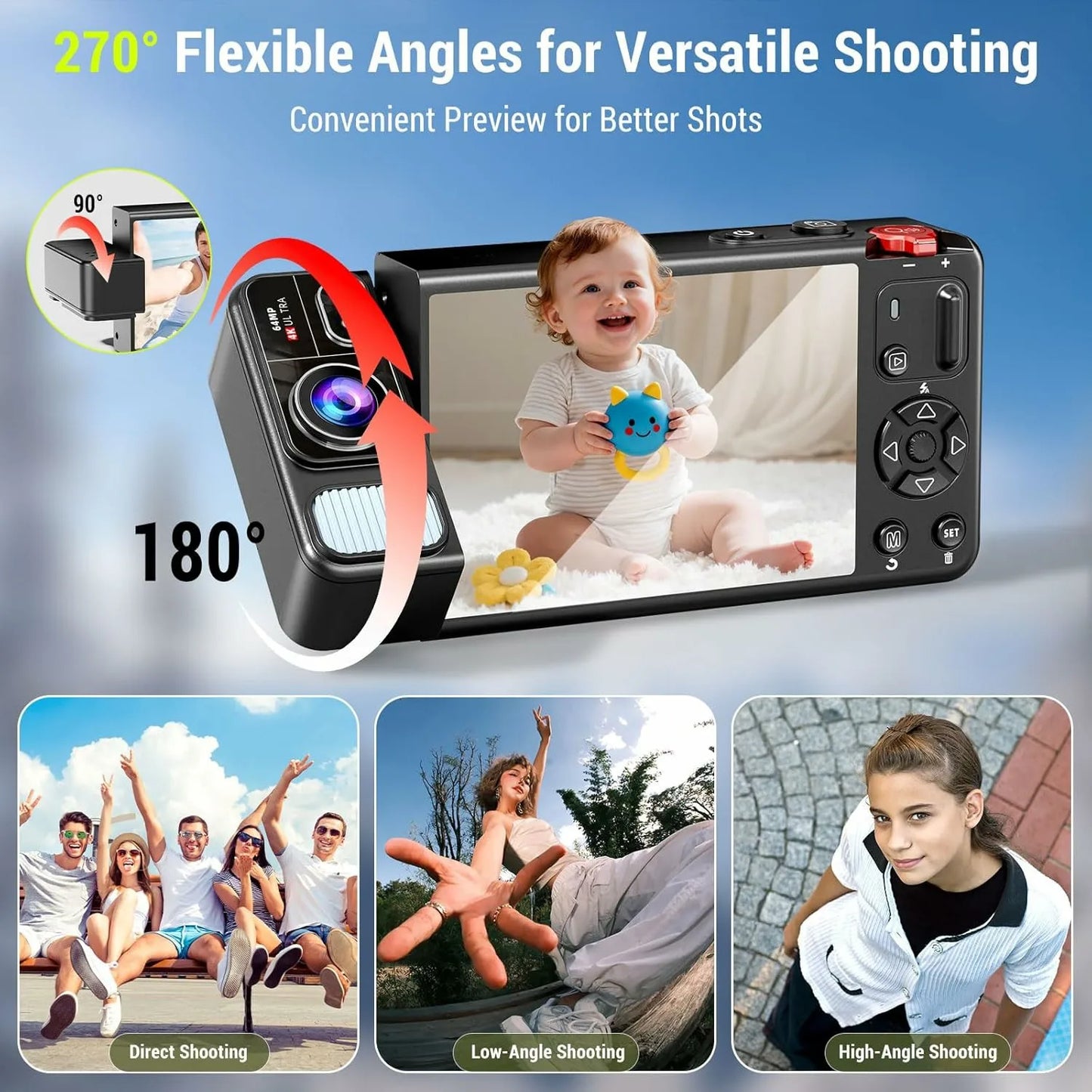 Digital Camera 4K 64MP Camera for Photography 270°Flip Screen Vlogging Camera Autofocus 18X Zoom Point and Shoot Digital Camera