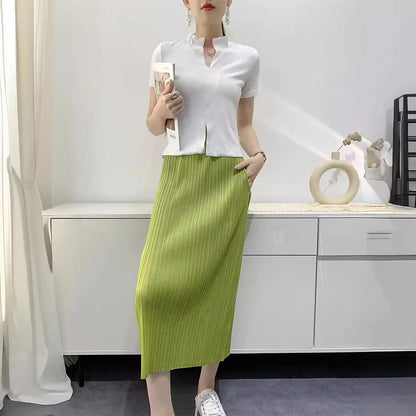 Fold Miyake Pleated Comfortable Casual Half-body Skirt Women High Waisted Thin 2025 Summer New Small Pleated Medium Skirt