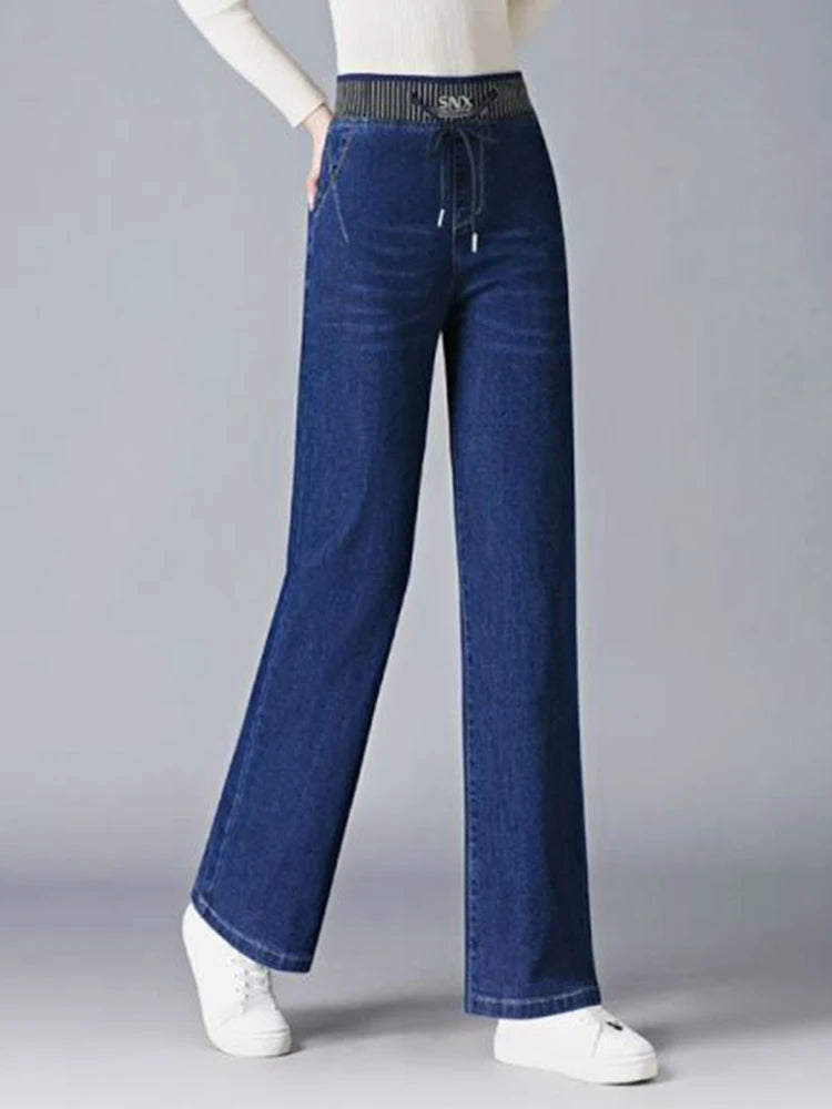 Elastic High Waist Baggy Straight Jeans Winter Warm Thicken Velvet Lined Wide Leg Denim Pants Women Casual Vintage Vaqueros New