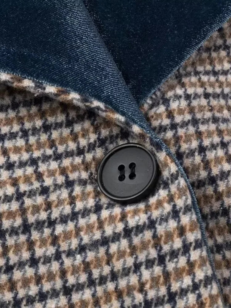 Woolen Plaid Long Coat Women Turn-down Collar Loose Long Sleeve Button Elegant Outwear Female Thicken 2025 Spring Street Jacket